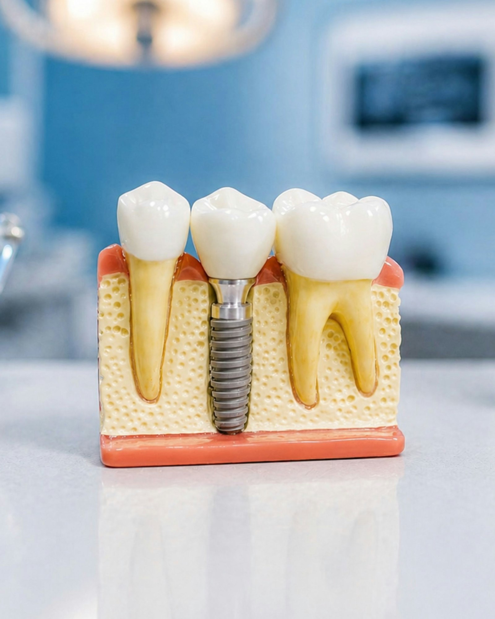 Modelo anatômico de implante dentário mostrando dente, raiz e osso maxilar
