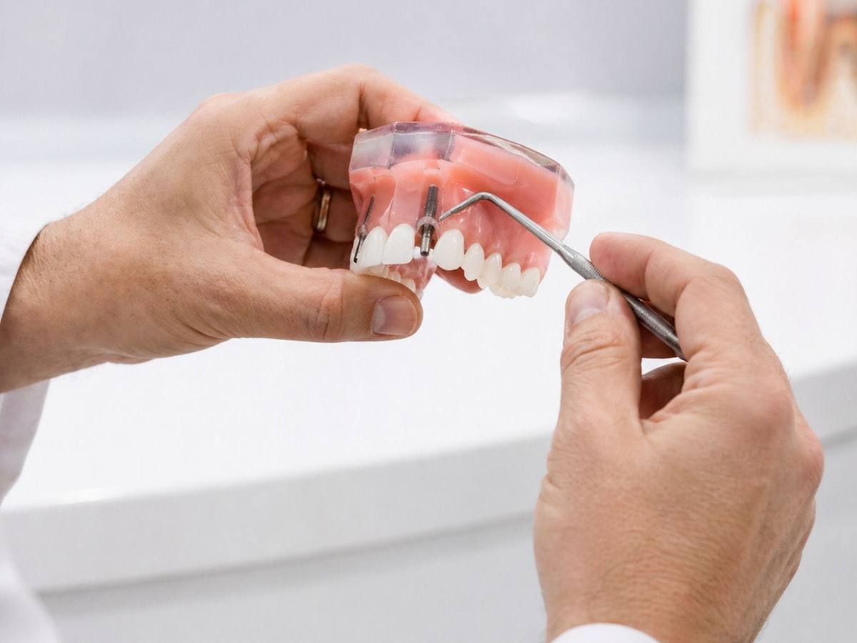 Profissional demonstrando implante dentário em modelo de prótese